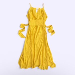 Yellow Cotton Midi Dress Modbe Back Tie Keyhole Summer Dress Small